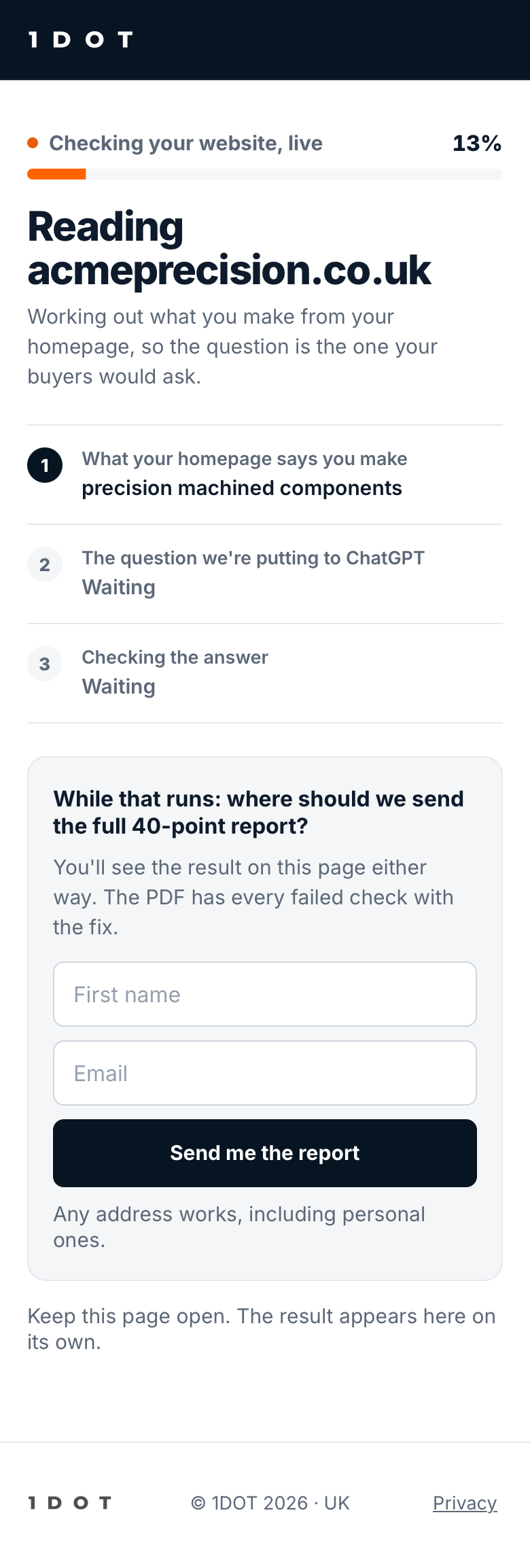Current wait screen: a 12-second progress bar, 3 steps, and an email form asking where to send the 40-point report